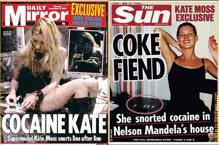 Le scandale "Coca&iuml;ne Kate" &agrave; la une des tablo&iuml;ds britanniques, en 2005. (DR)