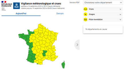 Une carte de vigilance jaune pour des risques d'orages et de pluie-inondation éditée par Météo-France le 18 septembre 2023. (METEO-FRANCE)