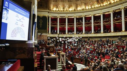 Des députés de gauche brandissent des pancartes où il est écrit "Liberté", "Egalite", "Fraternité", après l'approbation par l'Assemblée nationale du projet de loi immigration, le 19 décembre 2023, à Paris. Le texte, durci après son passage en commission mixte paritaire, a été voté à une large majorité (349 voix pour et 186 contre), avec notamment les votes du Rassemblement national. (LUDOVIC MARIN / AFP)