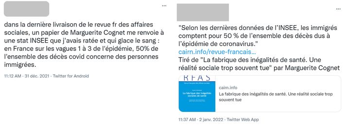 Captures d'écran anonymisées de tweets postés le 31 décembre 2021 et le 2 janvier 2022 au sujet de la mortalité des immigrés liée au Covid en France. (TWITTER)