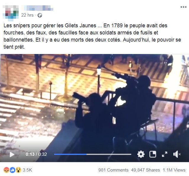 Un internaute dénonce la présence d'un sniper sur les Champs-Elysées, lors de la mobilisation des "gilets jaunes", le 1er décembre 2018. (FACEBOOK)