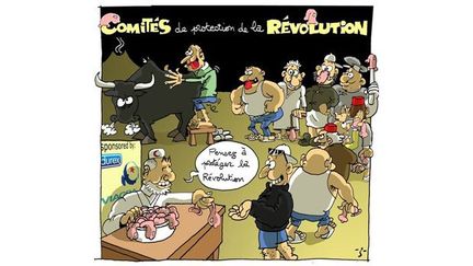 Z s'en prend ici à sa manière, provocante, aux Comités de protection de la révolution (CPR), présentés par les adversaires d'Ennadha comme des milices au service du parti islamiste. Au premier plan, la caricature de Rached Ghannouchi, leader d'Ennahda. «J'ai voulu montrer que parmi leurs membres, on trouve un mélange de salafistes, de bandits, de flics», explique Z. (Z - DEBATunisie)