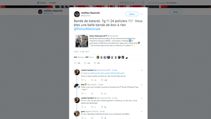 Le tweet dans lequel&nbsp;Mathieu Kassovitz traite les policiers de "bande de bâtards", publié sur son compte twitter, le 23 décembre 2017. (CAPTURE D'ÉCRAN)