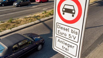 Un panneau marquant l'interdiction aux véhicules diesel anciens (Euro 5) à Hambourg (Allemagne). (DANIEL BOCKWOLDT / DPA / AFP)
