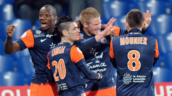 La joie des joueurs montpelli&eacute;rains qui f&ecirc;tent la victoire face &agrave; Lorient (2-0), le 12 janvier 2013. (PASCAL GUYOT / AFP)