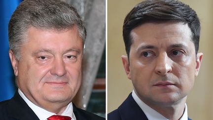 Le président ukrainien Petro Poroshenko (à gauche), pris le 3 novembre 2018, et&nbsp;le comédien ukrainien Volodymyr Zelensky, le 6 mars 2019. (KAYHAN OZER / AFP)