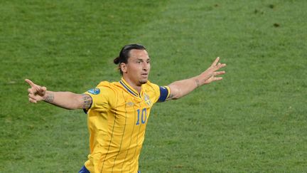 L'international su&eacute;dois Zlatan Ibrahimović f&ecirc;te son but contre la France, le 19 juin 2012, &agrave; Kiev (Ukraine) lors de l'Euro 2012. (JONATHAN NACKSTRAND / AFP)