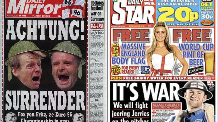 La presse tablo&iuml;d avant un Angleterre-Allemagne : le Daily Mirror en 1996, le Daily Star en 2010.&nbsp; (DR)