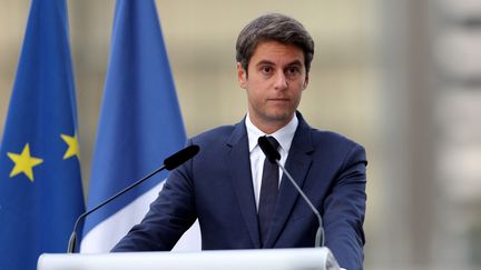 Le ministre de l'Education nationale, Gabriel Attal, lors d'une conférence de presse sur les savoirs fondamentaux et la vision du métier d'enseignant, à la Bibliothèque nationale de France, à Paris, le 5 octobre 2023. (THOMAS SAMSON / AFP)