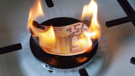 Un billet de 50 euros brûle sur une plaque de cuisson au gaz, à Paris, le 12 août 2022. (SERGE TENANI / HANS LUCAS / AFP)