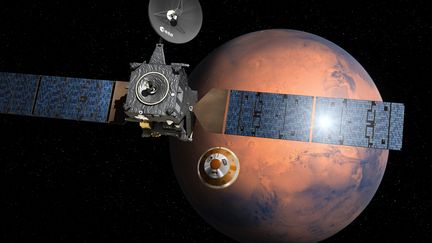 La descente de la sonde européenne Schiaparelli, représentée par un artiste, et publiée par l'Agence spatiale européenne, le 1er mars 2016.&nbsp; (D. DUCROS / EUROPEAN SPACE AGENCY / AFP)