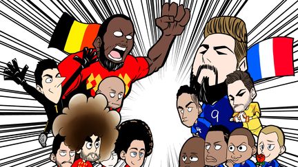 Manga imaginé par le Japonais Chida Junsei, représentant la demi-finale de la Coupe du monde de football entre la France et la Belgique, le 10 juillet 2018. (CHIDA JUNSEI)