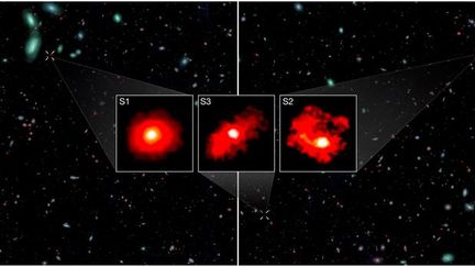 Les trois monstres rouges représentent les principales découvertes de ces travaux : des galaxies extrêmement massives et poussiéreuses du premier milliard d'années après le Big Bang. (NASA / CSA / ESA, M. XIAO & P. A. OESCH (University of Geneva), G. BRAMMER (NIELS BOHR Institute) / DAWN JWST ARCHIVE)