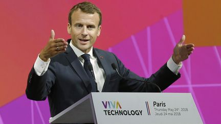 Emmanuel&nbsp;Macron, au salon Vivatech, à Paris, le 24 mai 2018. (MICHEL EULER / POOL / AP POOL)