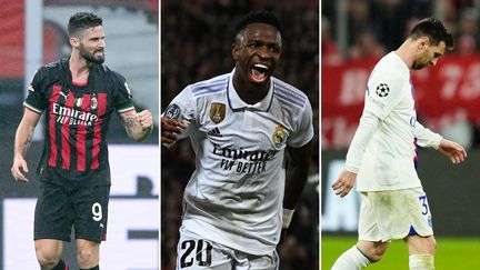 Olivier Giroud, Vinicius Junior et Lionel Messi avec leur club respectif en huitièmes de finale de Ligue des champions, en 2023. (AFP)