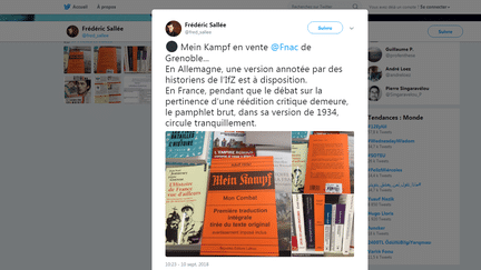 Capture d'écran du tweet de l'historien Frédéric Sallée, signalant une édition de "Mein Kampf" à la Fnac de Grenoble, le 10 septembre 2018. (TWITTER / FREDERIC SALLEE)