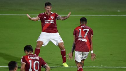 L'équipe de football argentine River Plate, lors de leur match de phase de groupes du tournoi de football Copa Libertadores face au Junior de la Colombie, au stade Romelio Martinez de Barranquilla, en Colombie, le 12 mai 2021. (DANIEL MUNOZ / POOL)