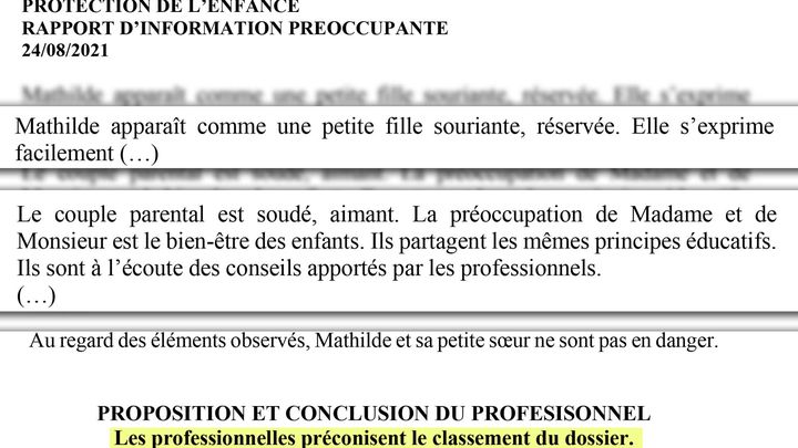 Reproduction d’extraits issus du rapport d'information préoccupante concernant la situation de Mathilde, le 24/08/2021. (CELLULE INVESTIGATION / RADIOFRANCE)