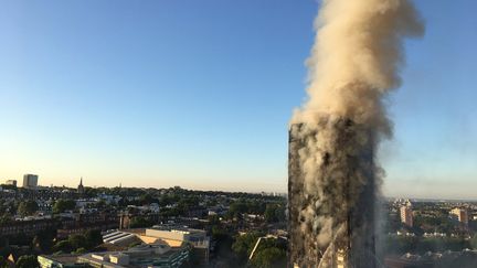 La tour Grenfell en proie aux flammes, le 14 juin 2017, à Londres.&nbsp; (NATALIE OXFORD / AFP)