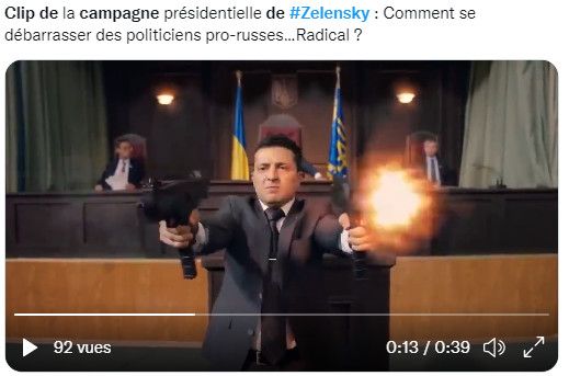 L'extrait d'un film dans lequel Volodymyr Zelensky tenait le rôle principal lorsqu'il était acteur a été pris à tort pour un clip de campagne du président ukrainien. (CAPTURE D'ECRAN TWITTER)