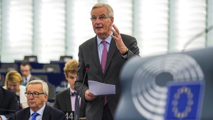 Michel Barnier,&nbsp;négociateur en chef de la Commission européenne pour le Brexit, au Parlement européen, à Strasbourg (Bas-Rhin), le 3 octobre 2017. (PATRICK HERTZOG / AFP)