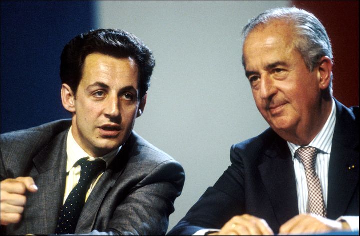 Nicolas Sarkozy et Édouard Balladur en juin 1994 lors d'un meeting. (GILLES BASSIGNAC / GAMMA-RAPHO)