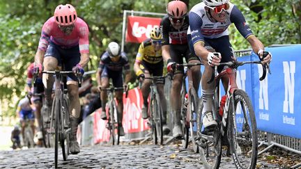 Mads Pedersen (à droite) en plein effort à l'occasion de l'édition 2020 de la classique flandrienne, Gand - Wewelgem. (DIRK WAEM / BELGA MAG)