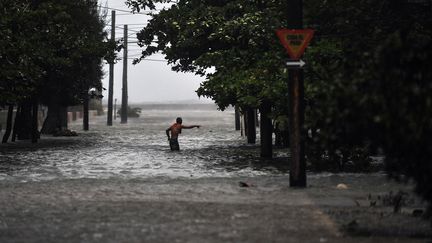 Un homme traverse une rue complètement inondée après le passage de l'ouragan Irma, à La Havane (Cuba), le 9 septembre 2017. (YAMIL LAGE / AFP)