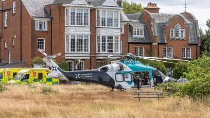 Police and emergency services respond after a car crashed into a primary school building in Wimbledon, UK, July 6, 2023. (ALEX LENTATI/LNP/SHUTTERSTOCK/SI/SIPA)