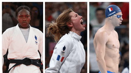 Clarisse Agbégnénou (judo -63 kg), Auriane Mallo-Breton (team épée) and Léon Marchand (200m breaststroke and 200m butterfly) are competing at the Paris Olympic Games on July 30, 2024. (AFP)