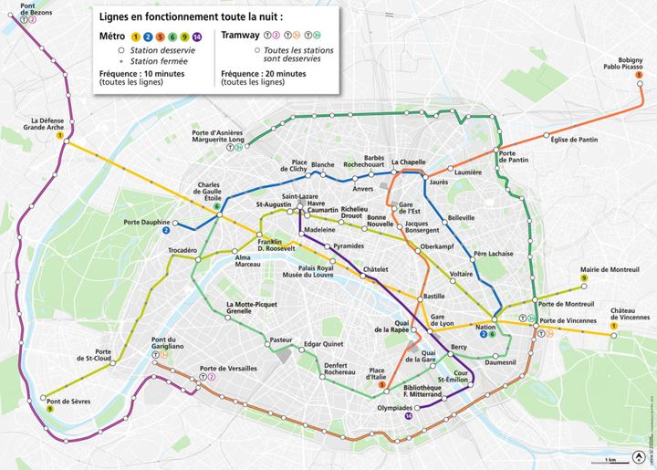 Les lignes de métro et de tramway qui resteront ouvertes dans la nuit de samedi à dimanche 14 dimanche 2019. (ILE DE FRANCE MOBILITES)