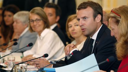 Le président Emmanuel Macron à l'ouverture du séminaire de rentrée du gouvernement, à l'Elysée, le 28 août 2017. (CHRISTIAN HARTMANN / AFP)