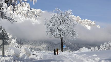 Des promeneurs dans la vallée du Vercors (Isère), en janvier 2021. (GUILLAUME BONNEFONT / MAXPPP)