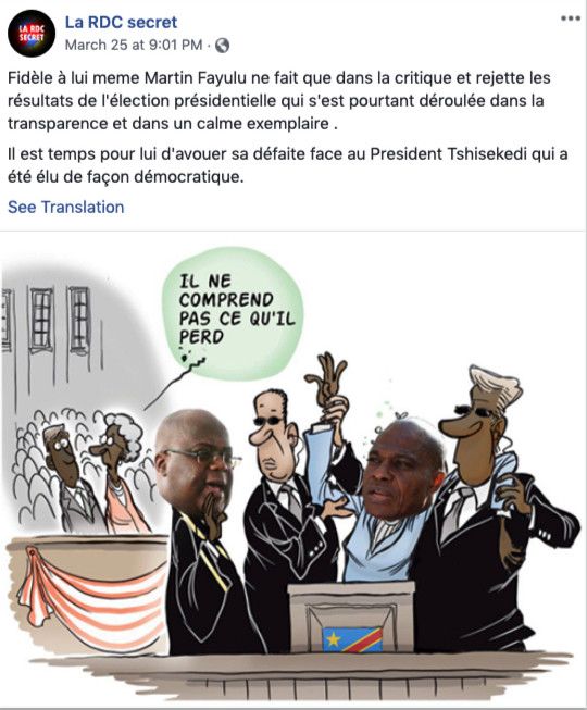 Une des publications de la page RDC secret fermée par Facebook.&nbsp; (Capture d'écran)