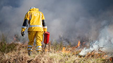 Un pompier luttant contre un incendie, à Serres-sur-Arget (Ariège), le 12 mars 2019.&nbsp; (ROMAIN LONGIERAS / HANS LUCAS)