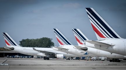 Des avions de la compagnie Air France-KLM sur le tarmac de l'aéroport Roissy-Charles de Gaulle, durant le grève, le 24 avril 2018. (STEPHANE DE SAKUTIN / AFP)