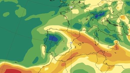 Une&nbsp;prévision du déplacement des émanations de dioxyde de souffre provenant du volcan Cumbre Vieja, en Espagne, réalisée le 22 septembre 2021. (COPERNICUS/ECMWF)