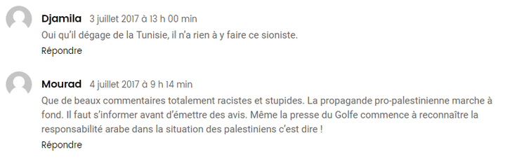 Deux commentaires sur l'article d'Oumma.com, l'un pour la venue de Michel Boujenah, l'autre contre.  (Capture d&#039;écran du site Oumma.com)