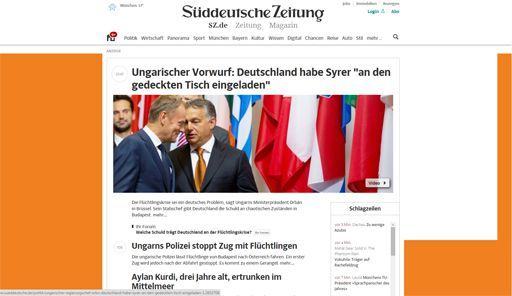 La page d'accueil du site du Süddeutsche Zeitung le 3 septembre 2015. La photo montre le Premier ministre hongrois, Viktor Orban (à droite). L'information sur l'image d'Aylan Kurdi, l'enfant grec retrouvé mort sur une plage turque, n'apparaît qu'en troisième titre. Et l'article sur l'affaire ne contient aucune photo. (DR)