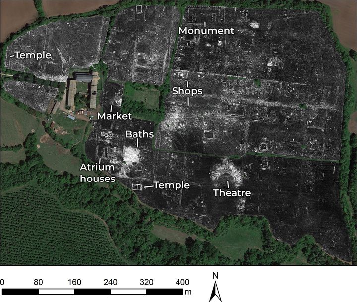 Détail des contours de la cité romaine de Falerii Novi, près de Rome : carte réalisée grâce aux radars GPR (Ground Penetrating Radars) utilisés par les archéologues des universités de Cambridge et de Gand.&nbsp; (HANDOUT / UNIVERSITY OF CAMBRIDGE)