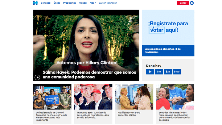 Le site de campagne d'Hillary Clinton est presque entièrement traduit en espagnol (CAPTURE D'ÉCRAN  / SITE DE CAMPAGNE D'HILLARY CLINTON)