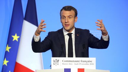 Emmanuel Macron la veille du sommet du G20 à Buenos Aires en Argentine, le 29 novembre 2018.&nbsp; (LUDOVIC MARIN / AFP)