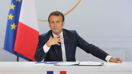 Le président Emmanuel Macron donne une conférence de presse à l'Elysée (Paris), le 25 avril 2019. (LUDOVIC MARIN / AFP)