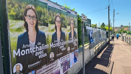 Les affiches de campagne d'Amélie de Montchalin, candidate Ensemble ! aux législatives dans la 6e circonscirption de l'Essonne, ici à Morangis, lundi 13 juin 2022. (CLAIRE LEYS / RADIO FRANCE)