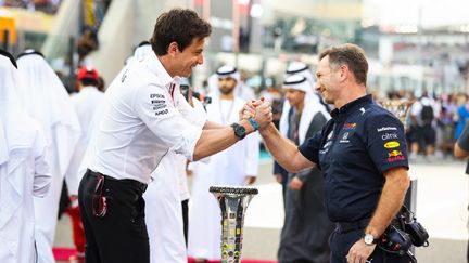 Le patron de Mercedes, Toto Wolff (à gauche), et son homologue chez Red Bull, Christian Horner (à droite), lors du Grand Prix d'Abu Dhabi, le 12 décembre 2021.&nbsp; (ANTONIN VINCENT / DPPI)