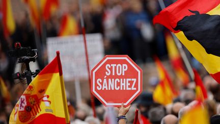 Les négociations entre le Premier ministre socialiste et les indépendantistes catalans provoquent la fureur des partisans de Vox, l'extrême droite espagnole, qui ont manifesté dimanche 29 octobre 2023 à Madrid. (OSCAR DEL POZO / AFP)