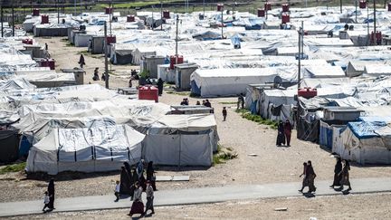 Des femmes et des enfants dans un camp de prisonniers jihadistes à Roj (Syrie), le 28 mars 2021. (DELIL SOULEIMAN / AFP)