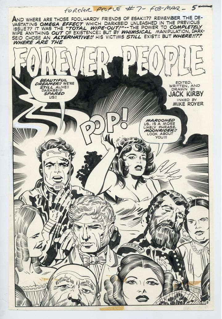 Jack Kirby (dessin) et Mike Royer (encrage), Forever People #7 (splash page 5), Mars 1972, DC Comics
encre de Chine sur papier (collection privée)