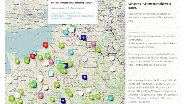 &nbsp; (Recensement des festivals, structures et associations supprimés/annulés depuis mars 2014 © Cartocrise)