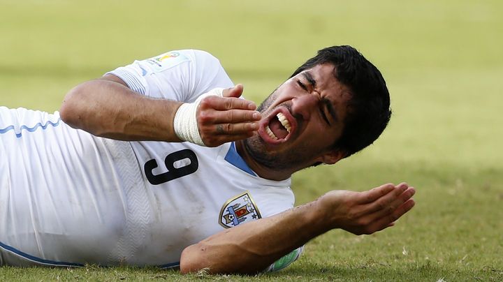 Luis Suarez au sol, apr&egrave;s sa morsure sur Giorgio Chiellini, lors du match de l'Uruguay contre l'Italie en Coupe du monde, le 24 juin 2014, &agrave; Natal (Br&eacute;sil). (TONY GENTILE / REUTERS)